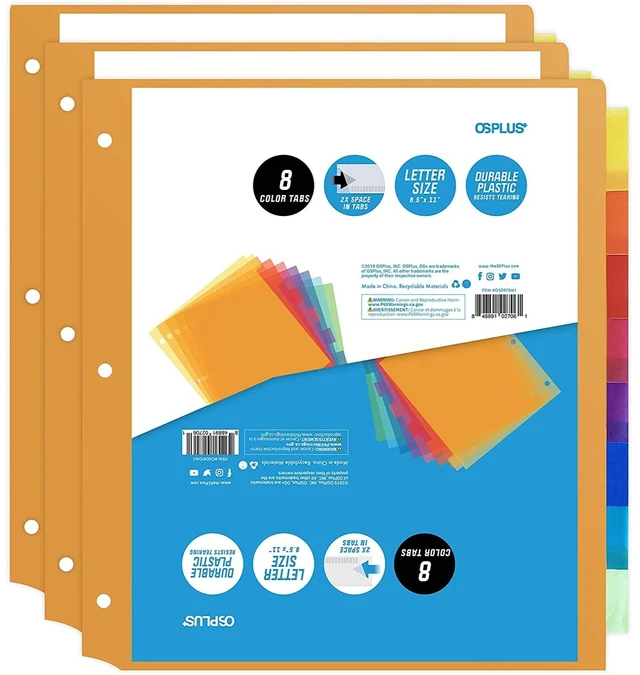 Main image of OS Plus 8-Tab 3 Ring Binder Dividers Durable Plastic 2x Space in Tabs Set - New