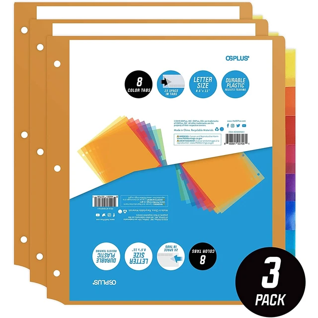 Alt view image 2 of 7 - OS Plus 8-Tab 3 Ring Binder Dividers Durable Plastic 2x Space in Tabs Set - New