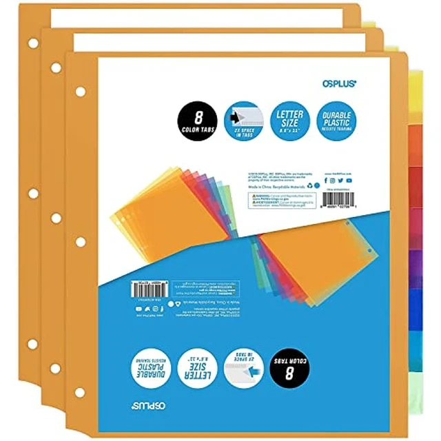 Alt view image 7 of 7 - OS Plus 8-Tab 3 Ring Binder Dividers Durable Plastic 2x Space in Tabs Set - New
