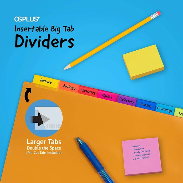 Alt view image 3 of 7 - OS Plus 8-Tab 3 Ring Binder Dividers Durable Plastic 2x Space in Tabs Set - New