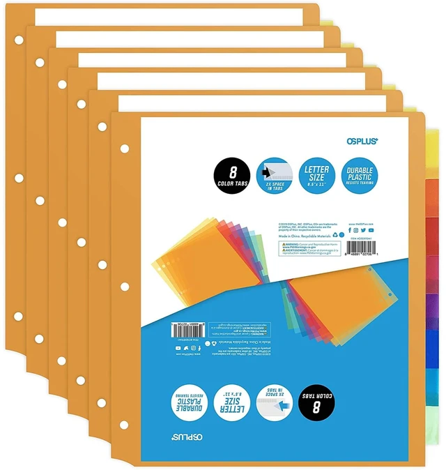 Main image of OS Plus 8-Tab 3 Ring Binder Dividers Durable Plastic 2x Space in Tabs Set - New