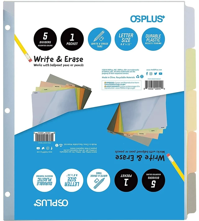 Main image of OS Plus 5-Tab Plastic Binder Dividers Write & Erase Tabs White 3-Ring Set - New