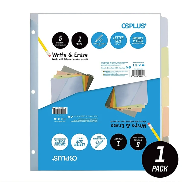 Alt view image 2 of 7 - OS Plus 5-Tab Plastic Binder Dividers Write & Erase Tabs White 3-Ring Set - New