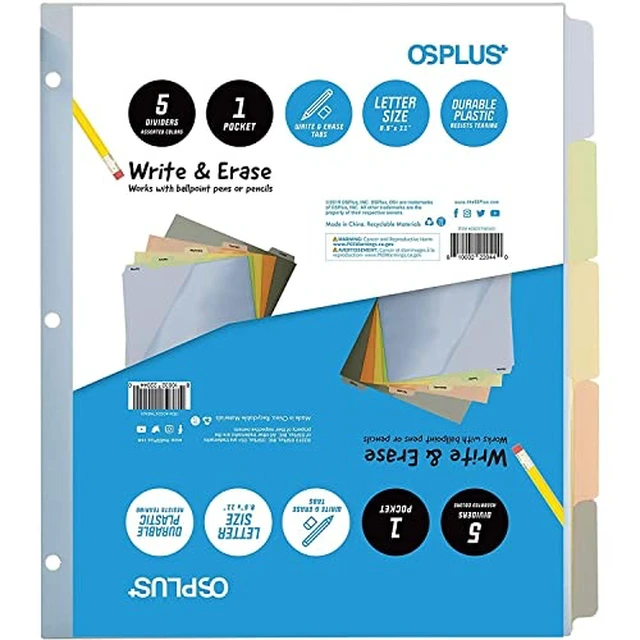 Alt view image 7 of 7 - OS Plus 5-Tab Plastic Binder Dividers Write & Erase Tabs White 3-Ring Set - New