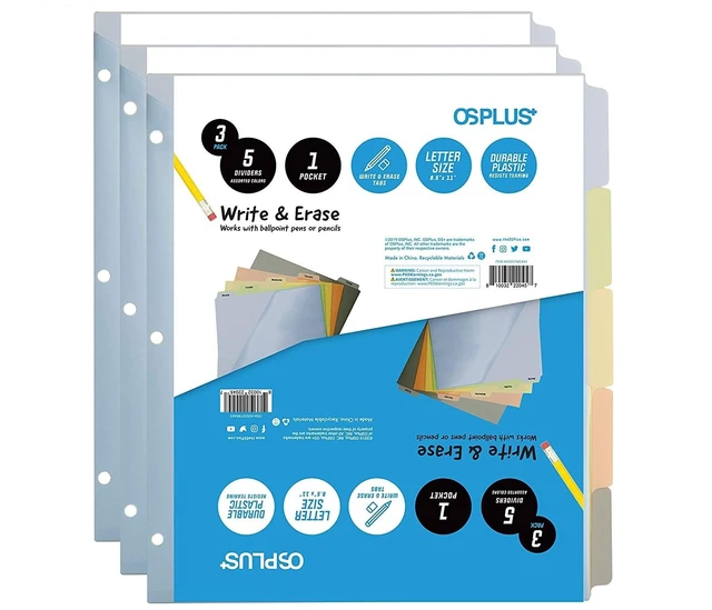Main image of OS Plus 5-Tab Plastic Binder Dividers Write & Erase Tabs White 3-Ring Set - New