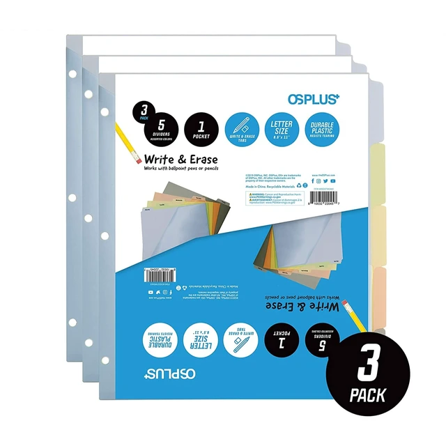 Alt view image 2 of 7 - OS Plus 5-Tab Plastic Binder Dividers Write & Erase Tabs White 3-Ring Set - New