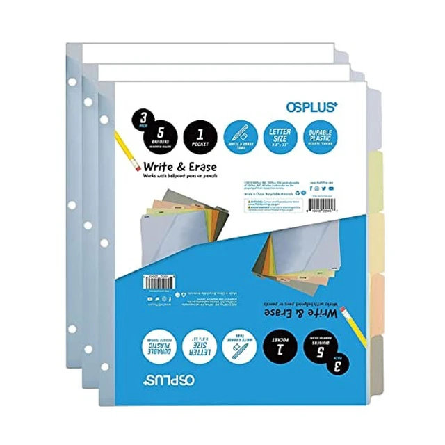 Alt view image 7 of 7 - OS Plus 5-Tab Plastic Binder Dividers Write & Erase Tabs White 3-Ring Set - New
