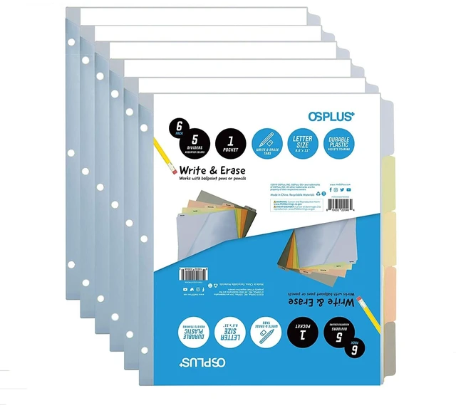 Main image of OS Plus 5-Tab Plastic Binder Dividers Write & Erase Tabs White 3-Ring Set - New