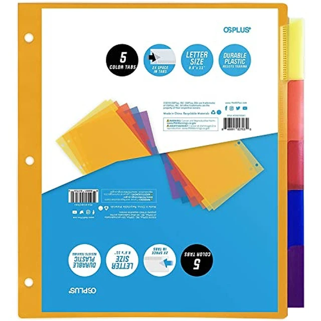 Alt view image 7 of 7 - OS Plus 5-Tab 3 Ring Durable Plastic Binder Dividers 2x Space in Tabs 1/3/6 Set
