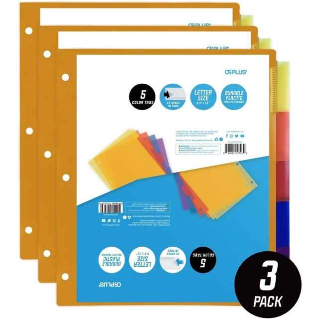 Alt view image 2 of 7 - OS Plus 5-Tab 3 Ring Durable Plastic Binder Dividers 2x Space in Tabs 1/3/6 Set