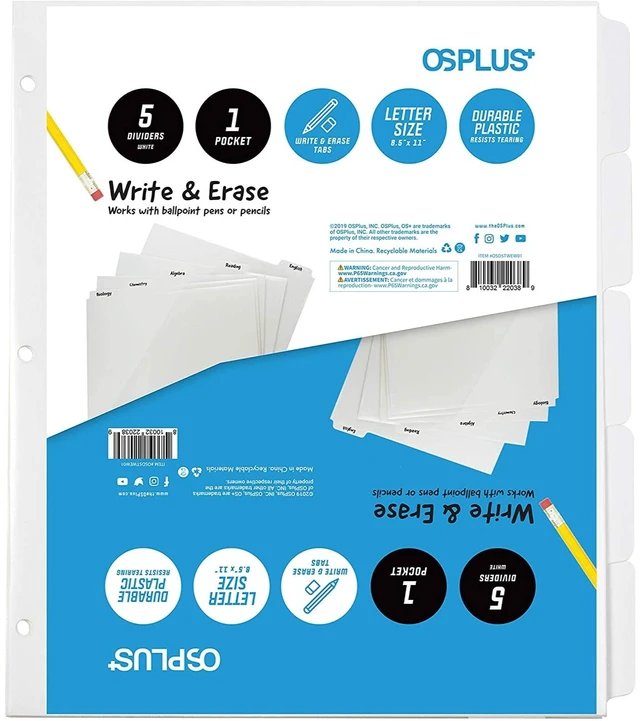 Main image of OS Plus 5-Tab White Plastic Binder Dividers Write & Erase 3-Ring 1/3/6 Set New