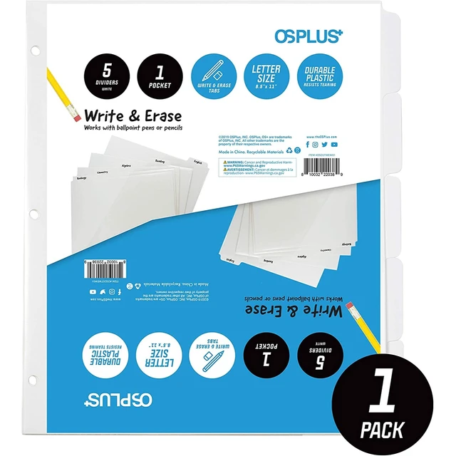 Alt view image 2 of 7 - OS Plus 5-Tab White Plastic Binder Dividers Write & Erase 3-Ring 1/3/6 Set New