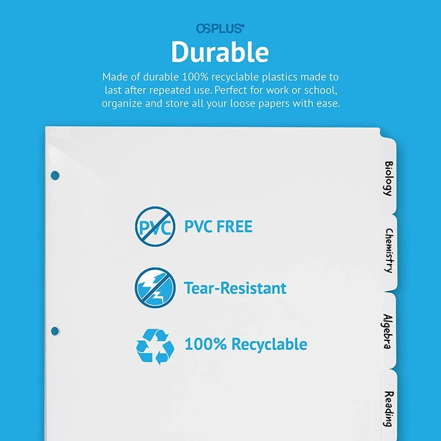 Alt view image 4 of 7 - OS Plus 5-Tab White Plastic Binder Dividers Write & Erase 3-Ring 1/3/6 Set New