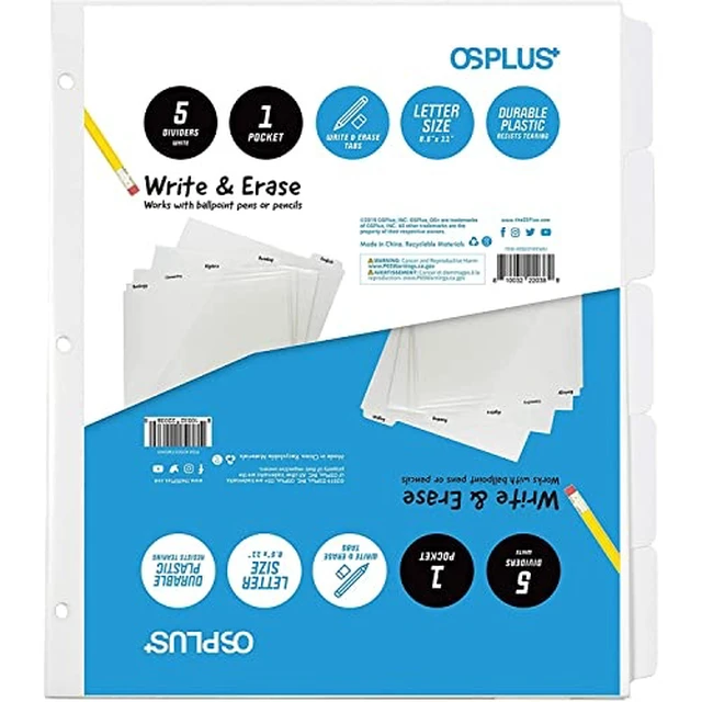 Alt view image 7 of 7 - OS Plus 5-Tab White Plastic Binder Dividers Write & Erase 3-Ring 1/3/6 Set New