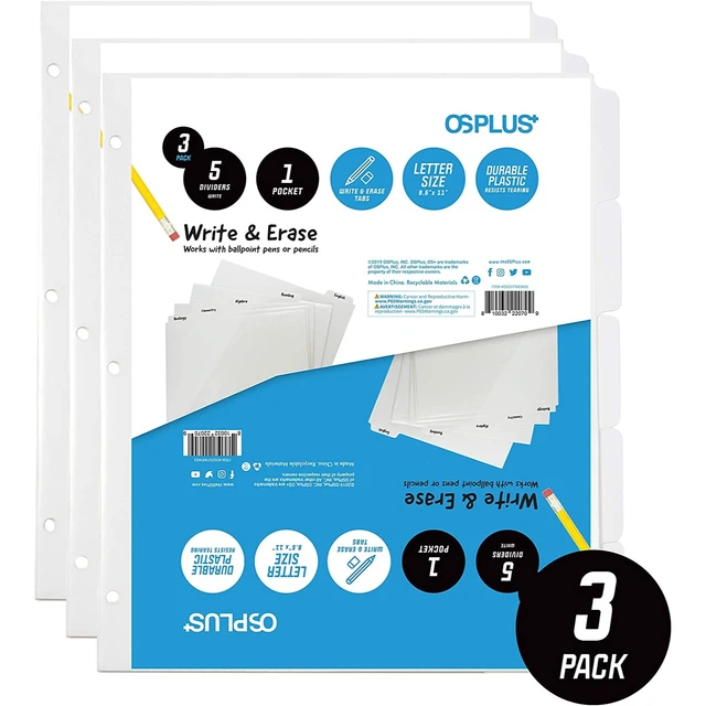 Alt view image 2 of 7 - OS Plus 5-Tab White Plastic Binder Dividers Write & Erase 3-Ring 1/3/6 Set New