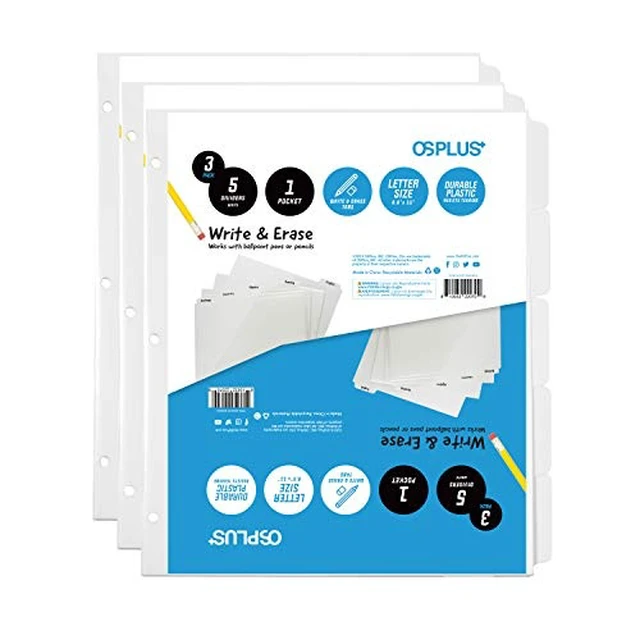 Alt view image 7 of 7 - OS Plus 5-Tab White Plastic Binder Dividers Write & Erase 3-Ring 1/3/6 Set New