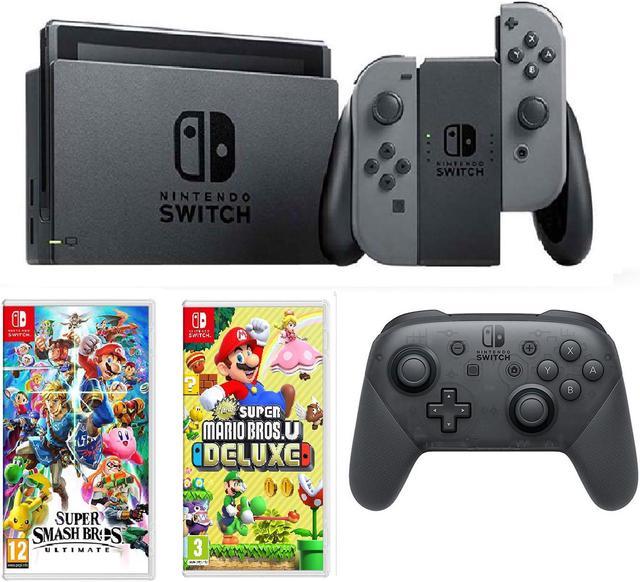 Nintendo Switch Gray, Switch Pro Controller, Smash Bros & Mario Deluxe U  Bundle