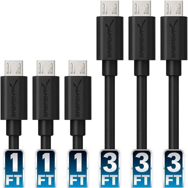 Main image of SABRENT [6-Pack 22AWG Premium Micro USB Cables (X3-3ft + X3-1ft) High Speed USB 2.0 A Male to Micro B Sync and Charge Cables [Black] (CB-U631)