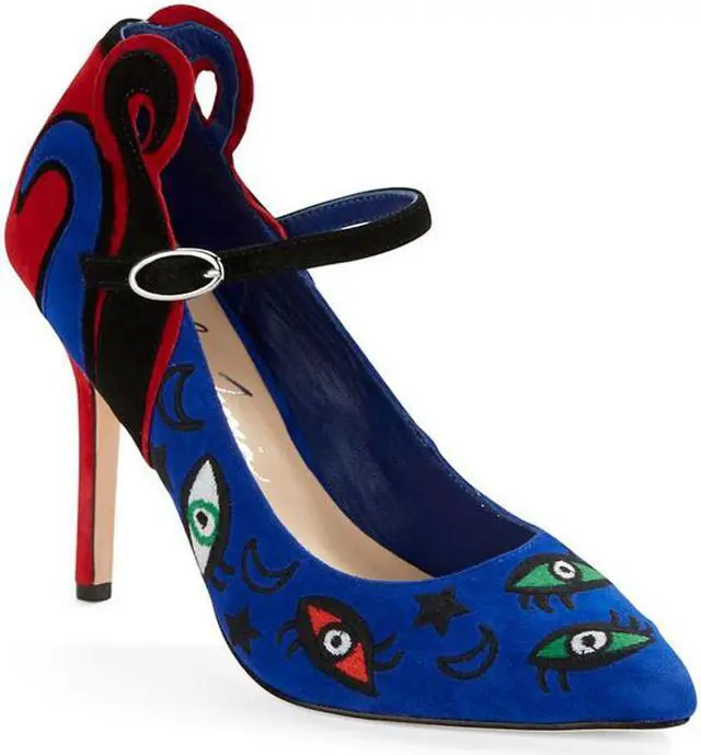 Main image of Isa Tapia Barcelona Embroidered Suede Mary Jane Closed Pointed-Toe Heels Pump - Size 37.5