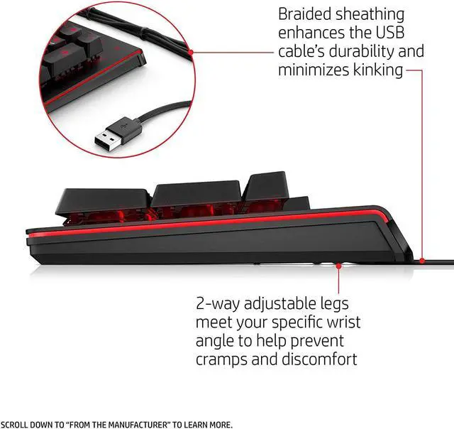 Alt view image 3 of 3 - HP Omen 1100 Illuminated USB Wired Mechanical Gaming Keyboard w/ Red LED's
