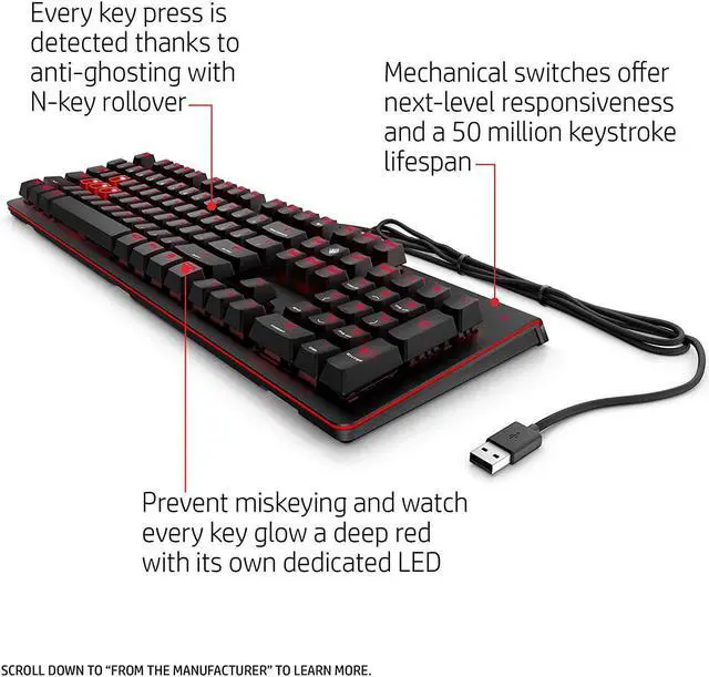 Alt view image 2 of 3 - HP Omen 1100 Illuminated USB Wired Mechanical Gaming Keyboard w/ Red LED's
