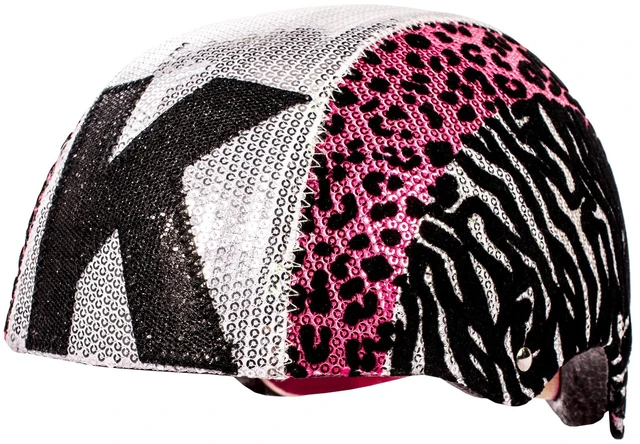 Main image of Raskullz Glam Gear "K" Kids Bike Helmet Silver Sequins Zebra Pink Leopard Print for Cycling One Size