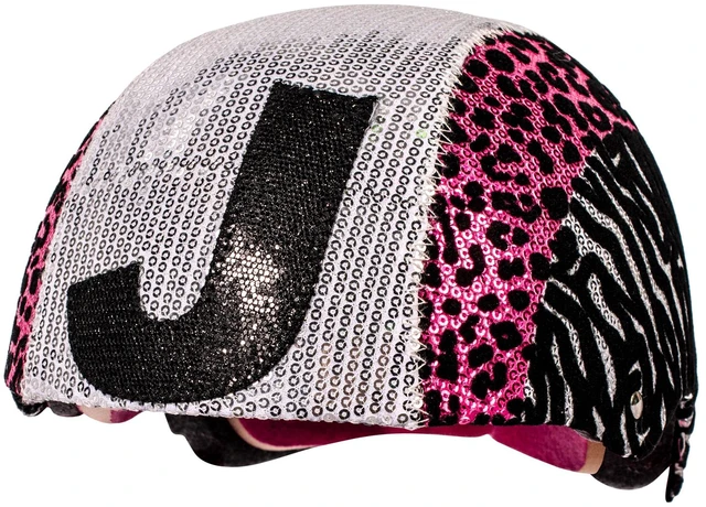 Main image of Raskullz Glam Gear "J" Kids Bike Helmet Silver Sequins Zebra Pink Leopard Print for Cycling, One Size