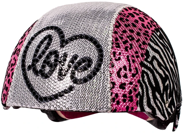 Main image of Raskullz Glam Gear "Love" Kids Bike Helmet Silver Sequins Zebra Pink Leopard Print for Cycling One Size