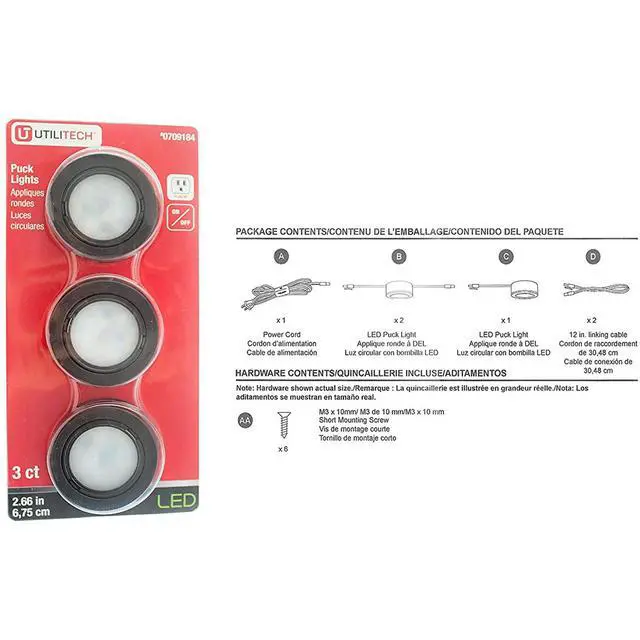 Alt view image 6 of 7 - Utilitech LED 2.66-in, 3 LED Plug in Puck Lights, 3000K, 42.8 Lumen Per Watt