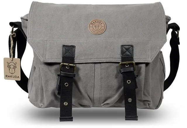 Main image of Rakuda Large Correspondent Cavas Shoulder Messenger Bag, Washed Leather 13x11x5 - Grey