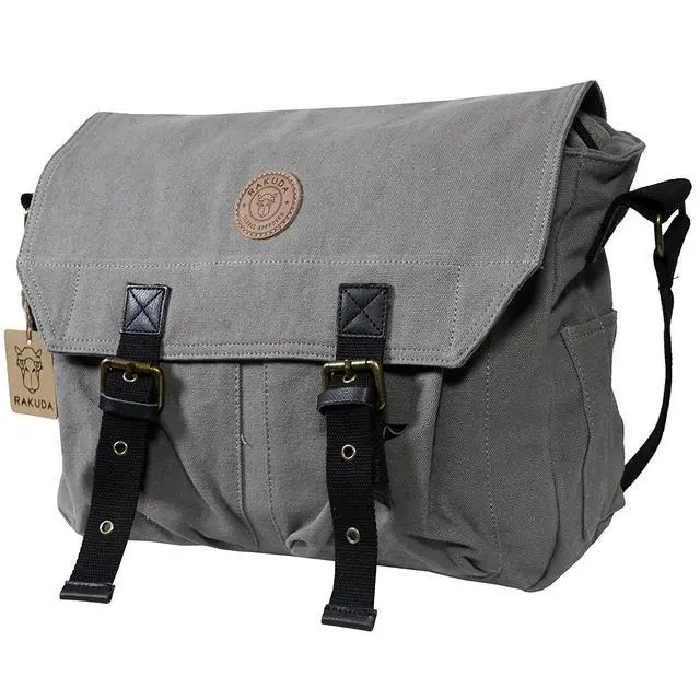 Alt view image 2 of 7 - Rakuda Large Correspondent Cavas Shoulder Messenger Bag, Washed Leather 13x11x5 - Grey