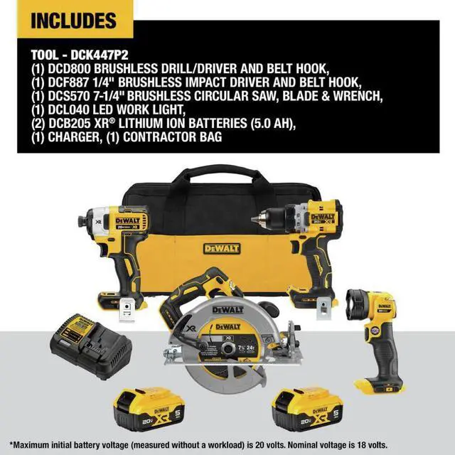 Alt view image 2 of 6 - Dewalt DCK447P2 20V MAX XR Brushless Lithium-Ion 4-Tool Combo Kit with (2) Batteries