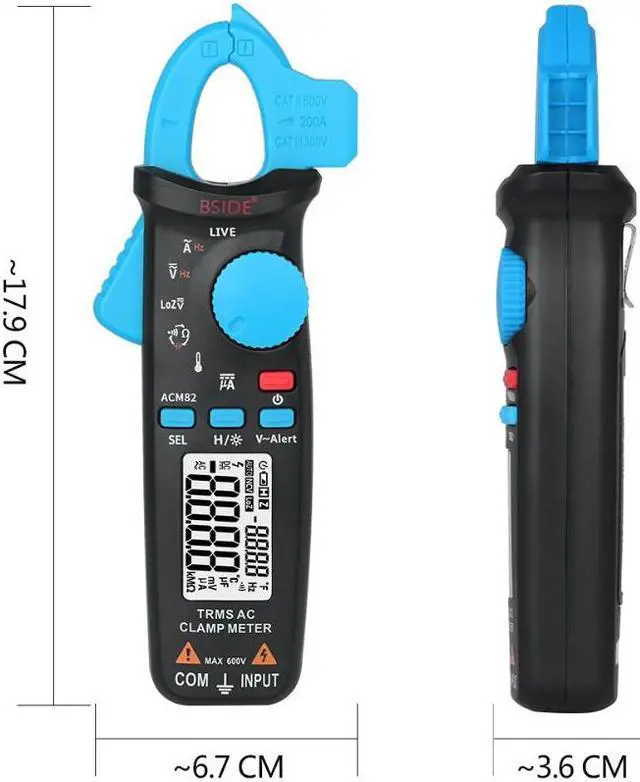 Alt view image 5 of 6 - Bside ACM82 Digital True RMS Mini Clamp Meter Auto Range 0.001A Current Test Hz Temp Ohm uF V-alert Live Check with Pocket Clip (Blue)