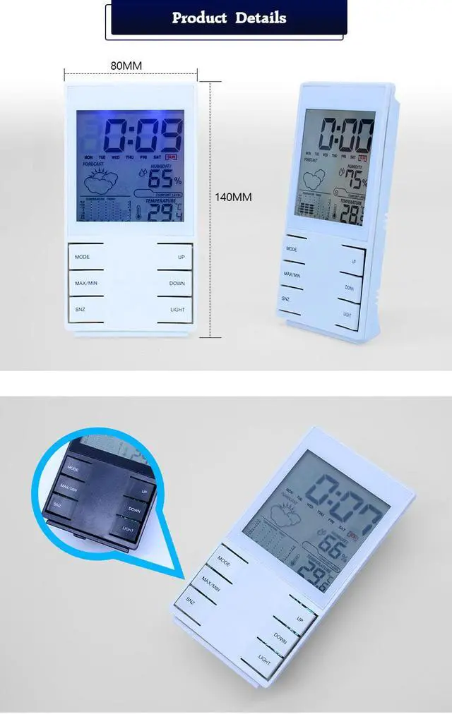 Alt view image 7 of 7 - OUTEST Digital Temperature Humidity clock Weather forecast station meter with weather station barometer Alarm clock CX-505 (White)