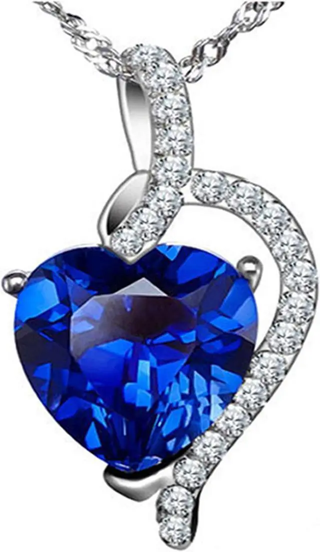 Main image of Mabella 925 Sterling Silver Simulated Blue Sapphire Heart Cut Pendant Necklace, Birthday Gifts for Women