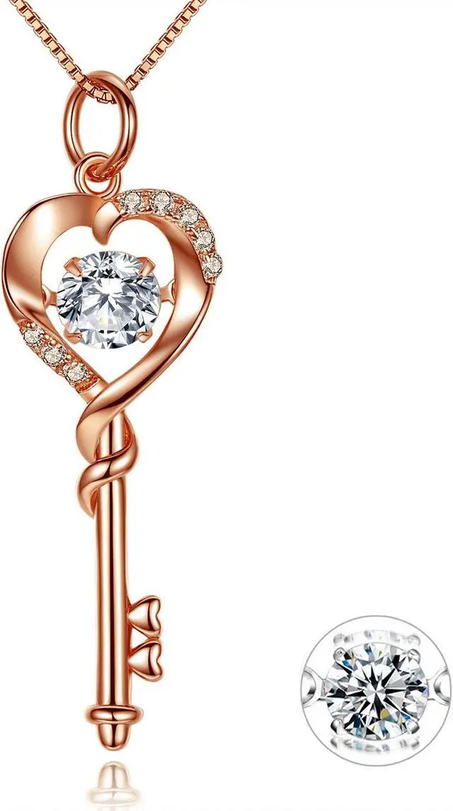 Main image of Mabella Dancing CZ Key to Heart Sterling Silver 18K White Gold Plated Key Pendant Necklace, Women Gifts for Her