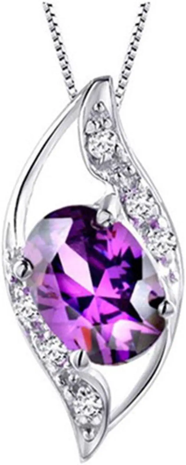 Main image of Mabella Sterling Silver Simulated Amethyst Birthstone Oval Cut Leaves Shape Pendant Necklace, Valentines Day Necklace Gifts for Girl