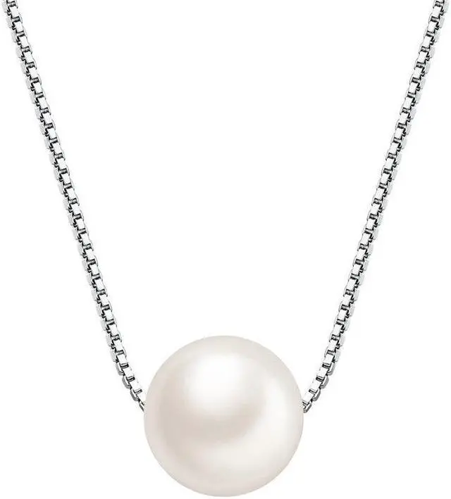 Main image of Mabella Freshwater Cultured 8MM AAAA White Single Genuine Floating Pearl Pendant Necklace 925 Sterling Silver Jewelry Gifts for Women