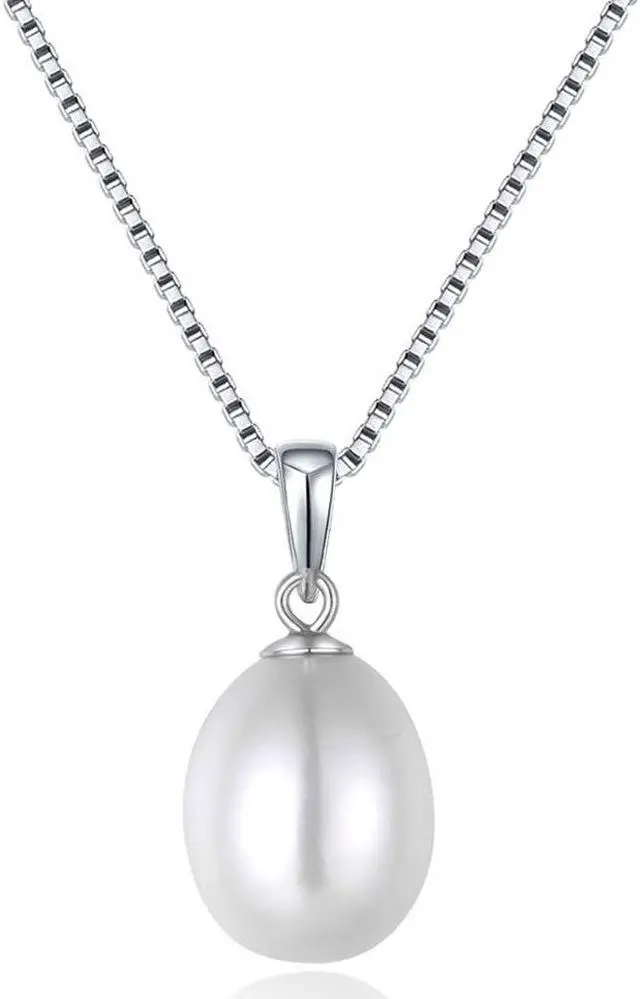 Main image of Mabella Freshwater Cultured Pearl Pendant Necklace for Women 9-10MM White Single Pearl Necklace With 925 Sterling Silver Chain June Birthstone Gifts for Women