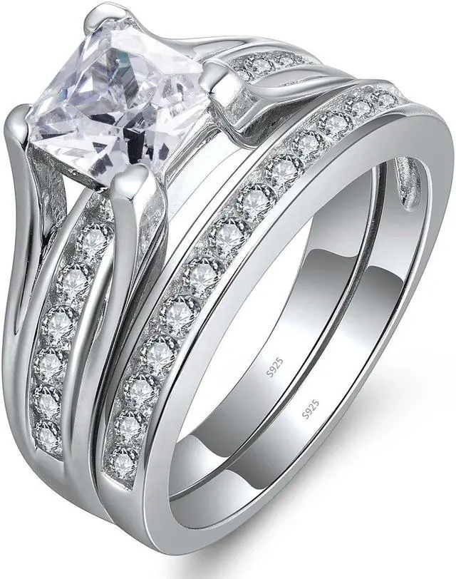 Alt view image 2 of 6 - Mabella 925 Sterling Silver Cubic Zirconia Princess Cut Women's Wedding Engagement Bridal Ring Set,Size 5