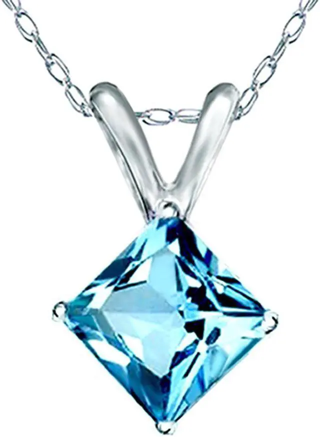 Main image of 14K Solid White Gold Square Cut Rabbit Natural Genuine Blue Topaz Pendant Necklace