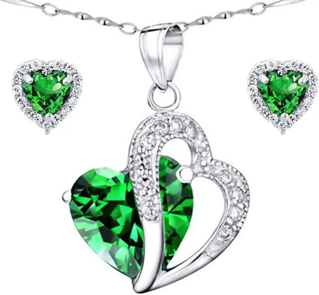 Main image of Mabella Double Heart Simulated Emerald Pendant Necklace Stud Earrings Sterling Silver Jewelry Set Gifts for Women