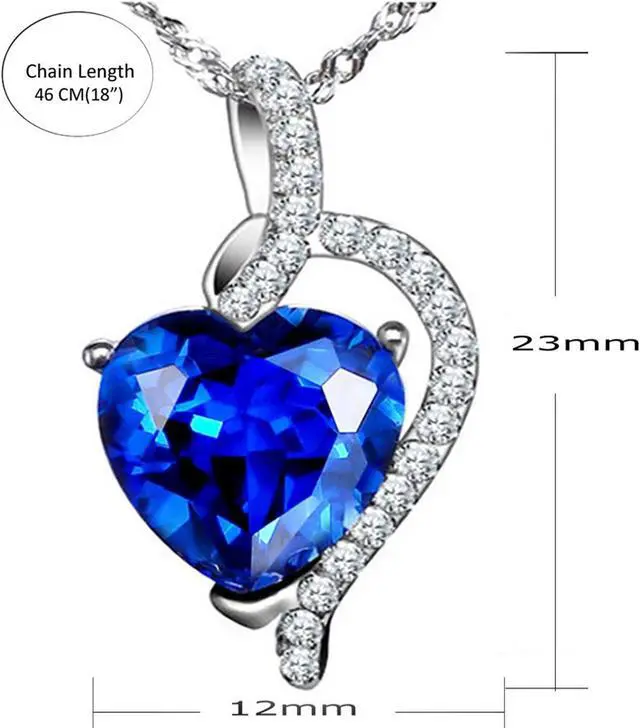 Alt view image 3 of 7 - Mabella 925 Sterling Silver Simulated Blue Sapphire Heart Cut Pendant Necklace, Birthday Gifts for Women
