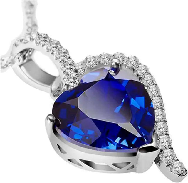Alt view image 4 of 7 - Mabella 925 Sterling Silver Simulated Blue Sapphire Heart Cut Pendant Necklace, Birthday Gifts for Women
