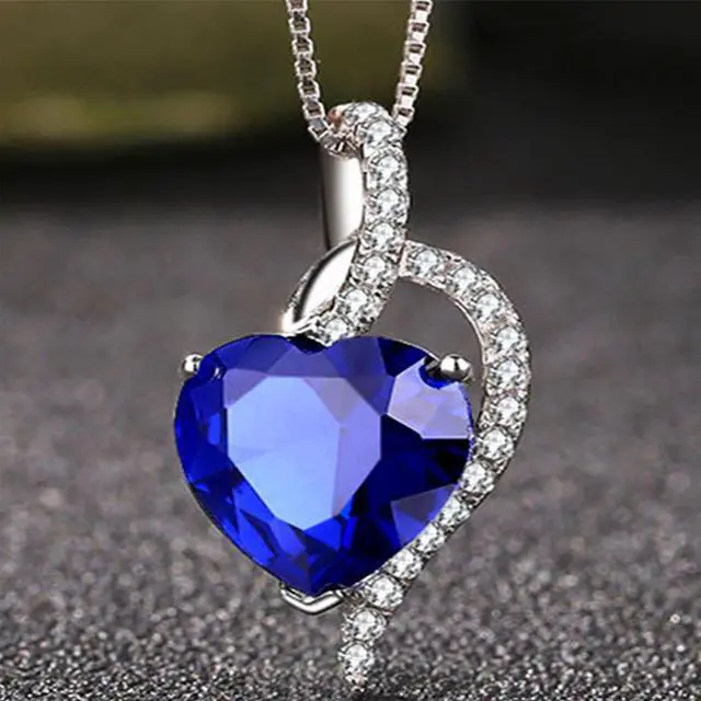 Alt view image 5 of 7 - Mabella 925 Sterling Silver Simulated Blue Sapphire Heart Cut Pendant Necklace, Birthday Gifts for Women