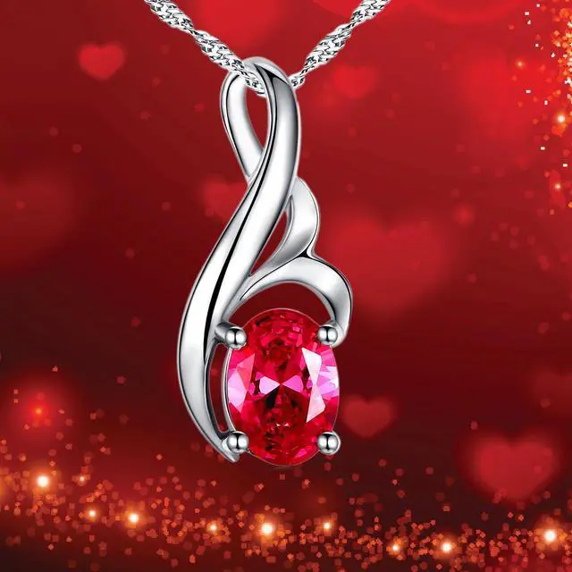 Alt view image 6 of 7 - Mabella Sterling Silver Oval Cut Simulated Ruby Pendant Necklace, Mother's Day Gifts for Women