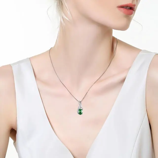 Alt view image 2 of 7 - Mabella Sterling Silver Oval Cut Simulated Emerald May Birthstone Pendant Necklace, Jewelry Gifts for Women Girls