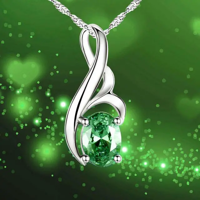 Alt view image 3 of 7 - Mabella Sterling Silver Oval Cut Simulated Emerald May Birthstone Pendant Necklace, Jewelry Gifts for Women Girls