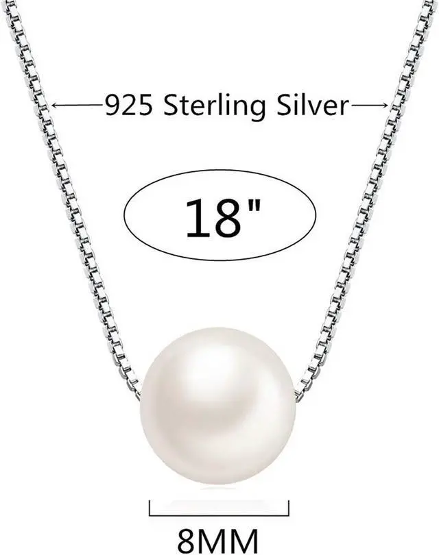 Alt view image 7 of 7 - Mabella Freshwater Cultured 8MM AAAA White Single Genuine Floating Pearl Pendant Necklace 925 Sterling Silver Jewelry Gifts for Women