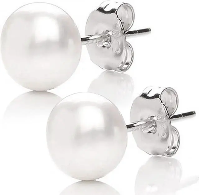 Alt view image 2 of 7 - Mabella 925 Sterling Silver AAA Genuine Freshwater Cultured Pearl White Button Stud Earrings Jewelry Gifts for Women, 6mm
